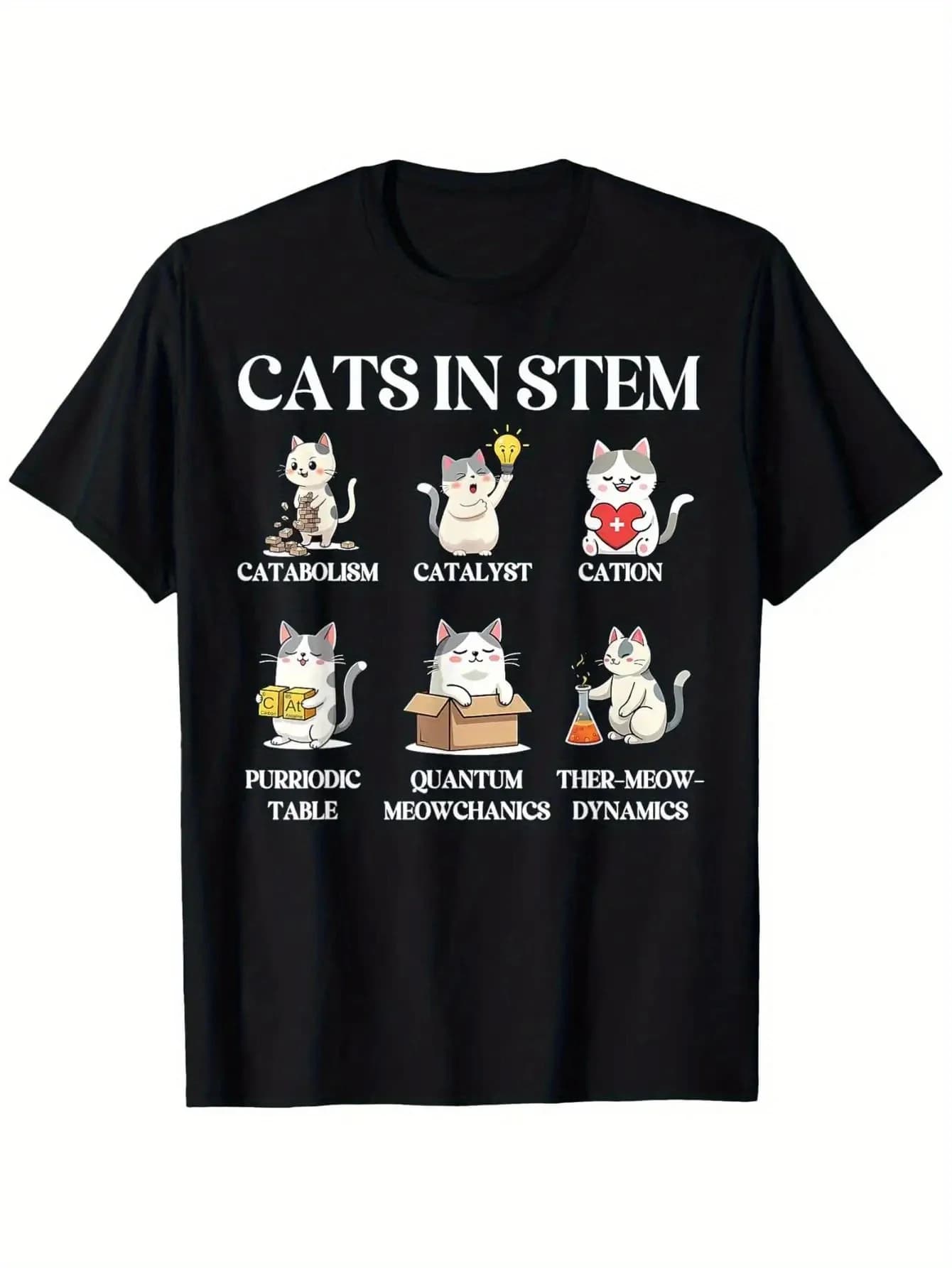 Funny Men's Black Graphic T-Shirt Cats in Stem Cartoon Cat Science Pun Catabolism Catalyst Quantum Meowchanics Periodic Table Beaker Light Bulb 100% Cotton Heavyweight Short Sleeve Casual Streetwear Tee
