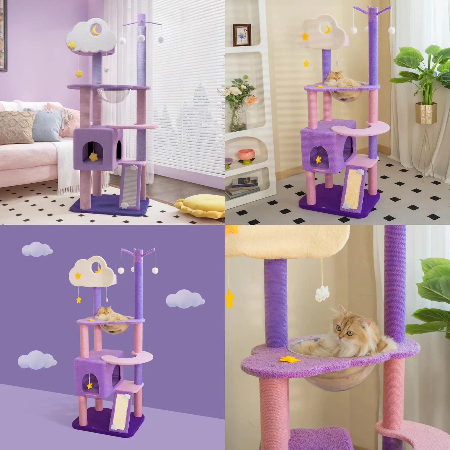 Happy and Polly Albero per Gatti Moonlight da 52,8 Pollici con Pendenti a Forma di Luna e Stelle, Torre per Gatti in Peluche Viola, Personalizzabile