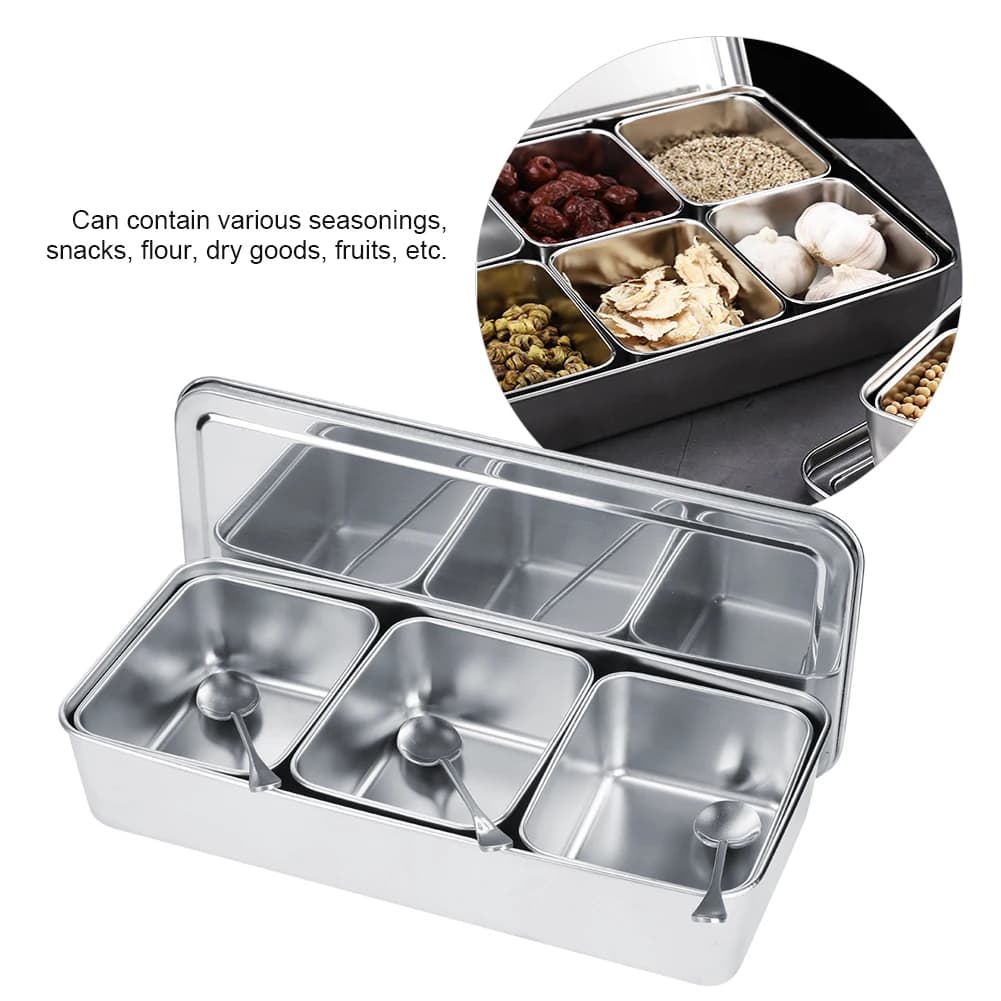 Set di contenitori per spezie in acciaio inossidabile a 3 scomparti per uso domestico con coperchio e cucchiai