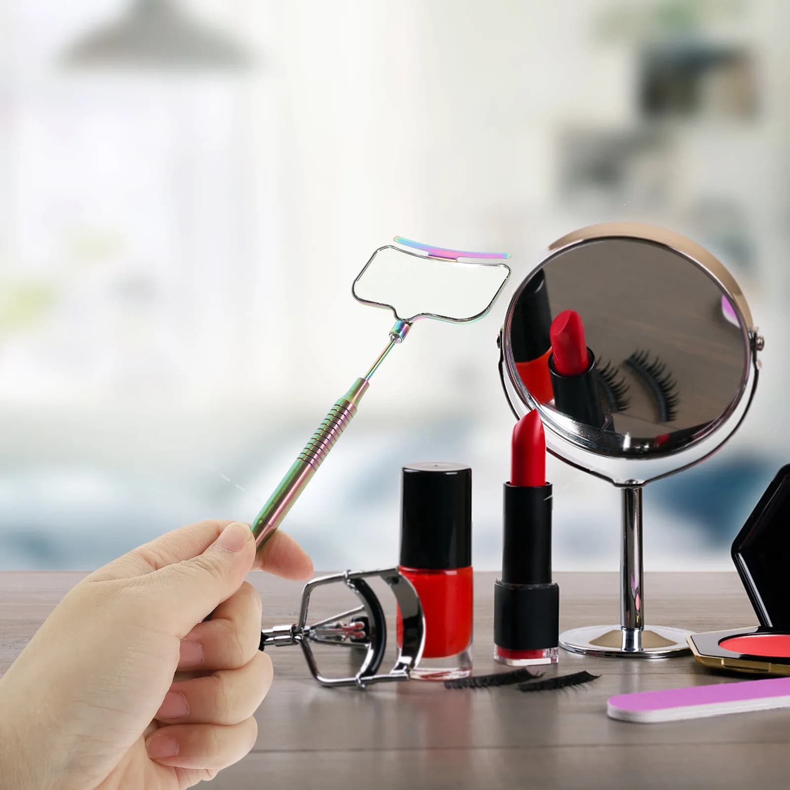 Specchio per Extension Ciglia in Acciaio Inossidabile, Specchio Portatile per Ciglia con Design Ergonomico per Ispezione Mascara, Ciglia Finte e Trucco