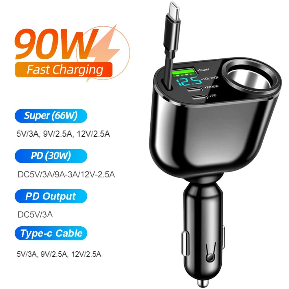 Caricabatteria da auto 120/90/66W Caricabatteria da auto con ricarica flash super veloce, cavo telescopico Caricabatteria da auto 4 in 1 Adattatore da 2 porte USB compatibile