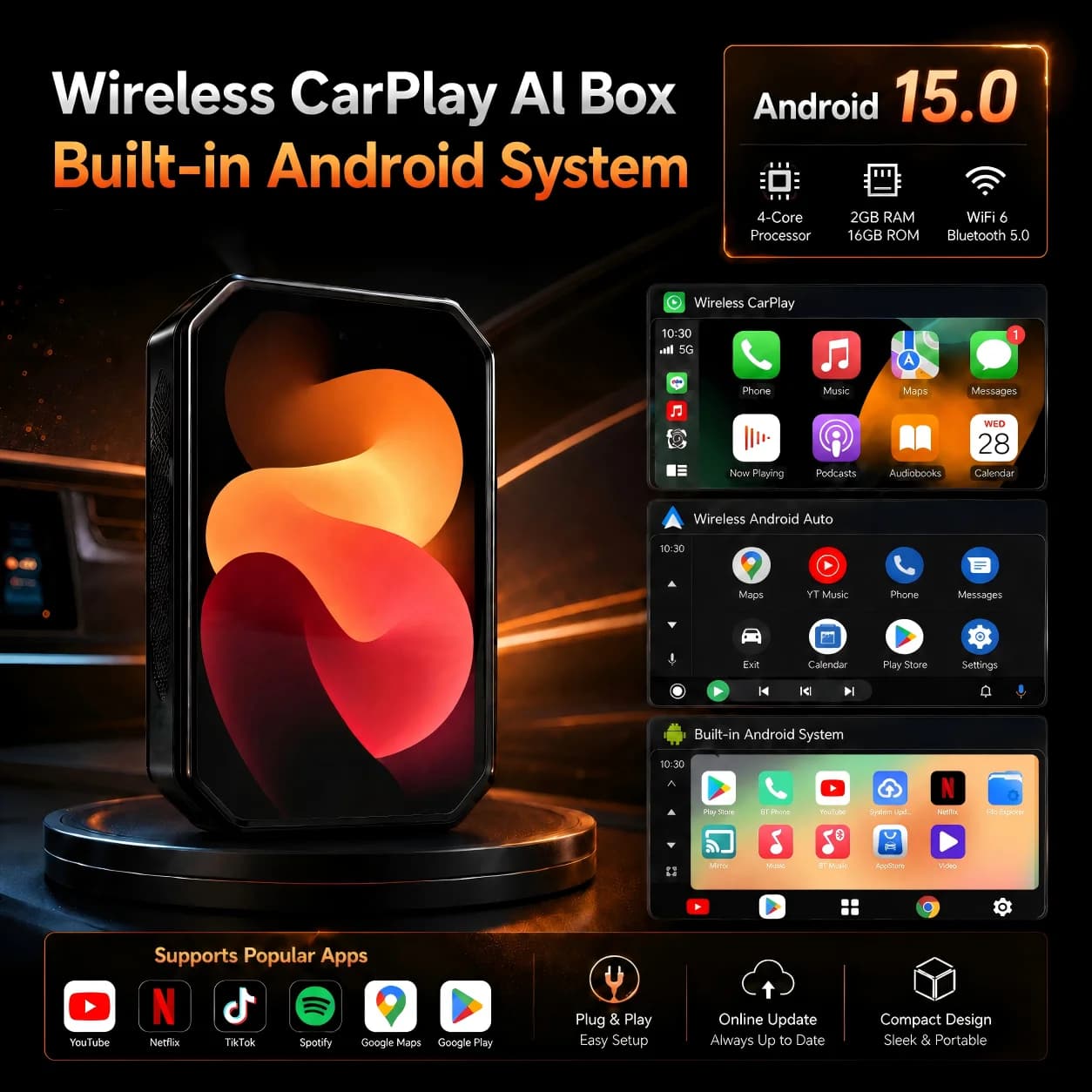 Android 15 AI Box Wired to Wireless CarPlay Adapter Supports IPTV YouTube Netflix Plug & Play For Toyota VW Ford MG Kia 5G WiFi