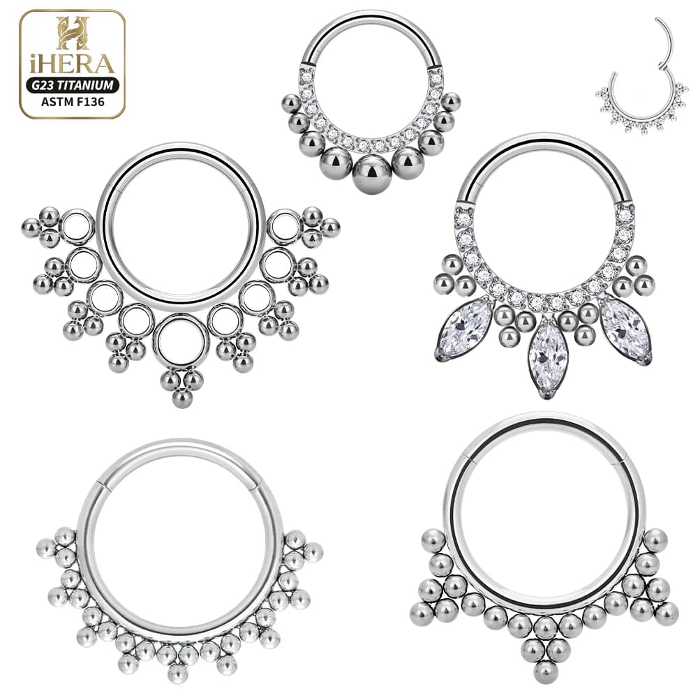Anello a Cerchio Rotondo in Titanio G23 di Lusso con Zirconi Intarsiati, Clicker a Cerniera per Septum, Naso, Labbro, Helix, Lobo, Trago, Piercing, Gioielli, Set di Anelli per Orecchio