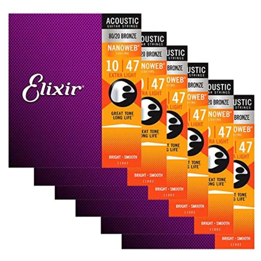 Corde per chitarra acustica 80/20 Bronze Nanoweb 11002 Extra Light 10-47, confezione da 6 con panno lucidante in omaggio