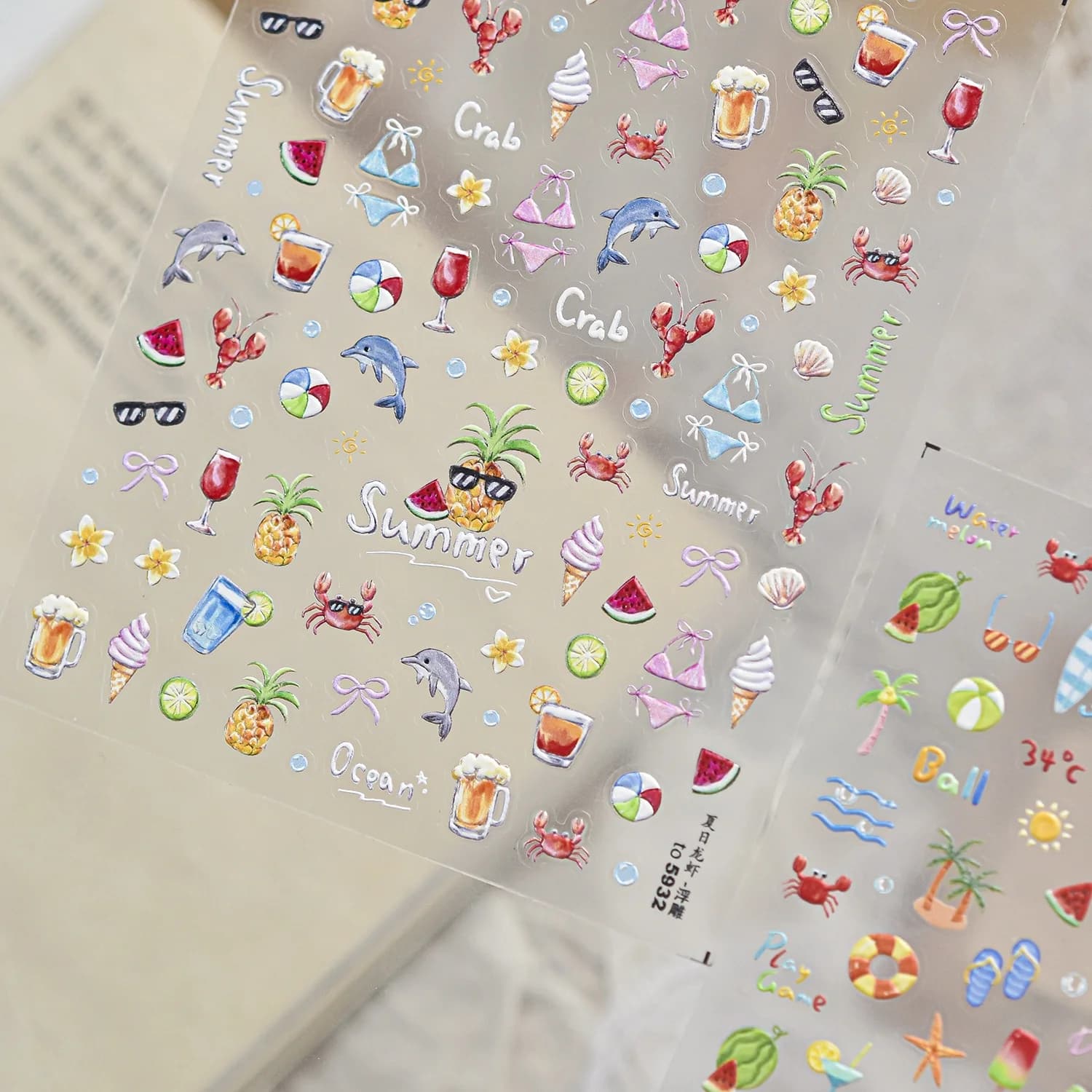 Seaside Vacation 5D Nail Stickers Swim Tube Goggles Coconut Tree Surf Wave Yellow Duck Watermelon Ice Bar Crab Sun Drink Decal