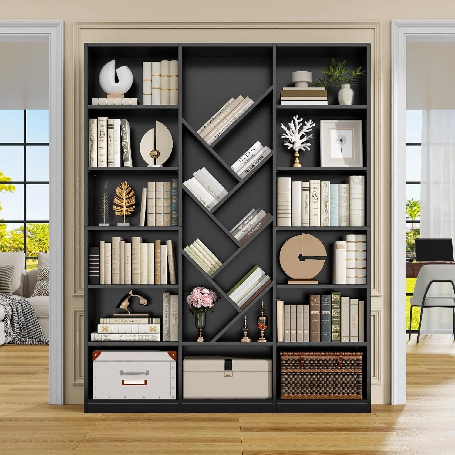 71" 6-Tier Bookshelf with Adjustable Shelves, Open Square Storage Organizer for Home Office Living Room Bedroom, Black, Customiz