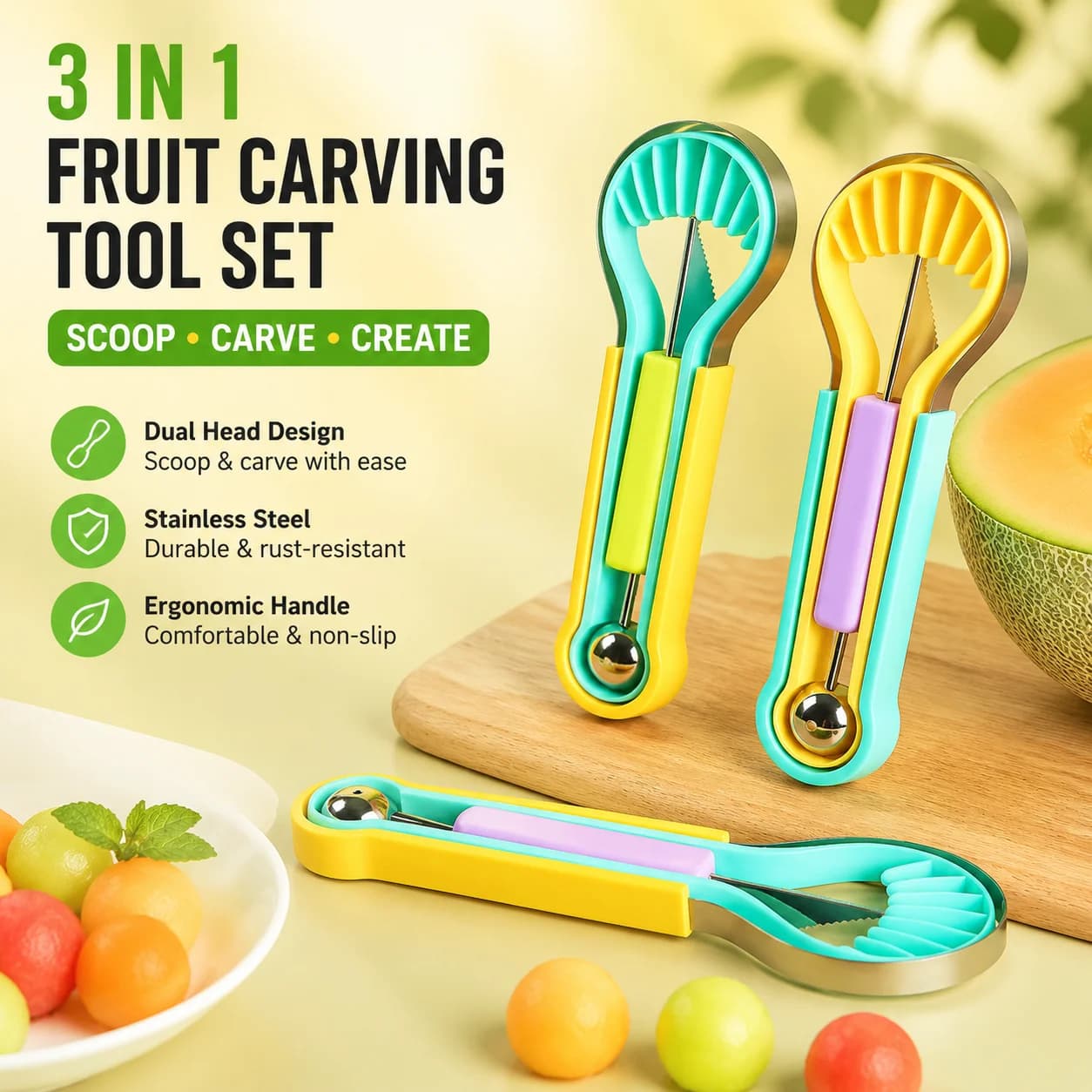 Stainless Steel Watermelon Ball Scoop Dual Head Fruit Carving Tool Set 3 in 1