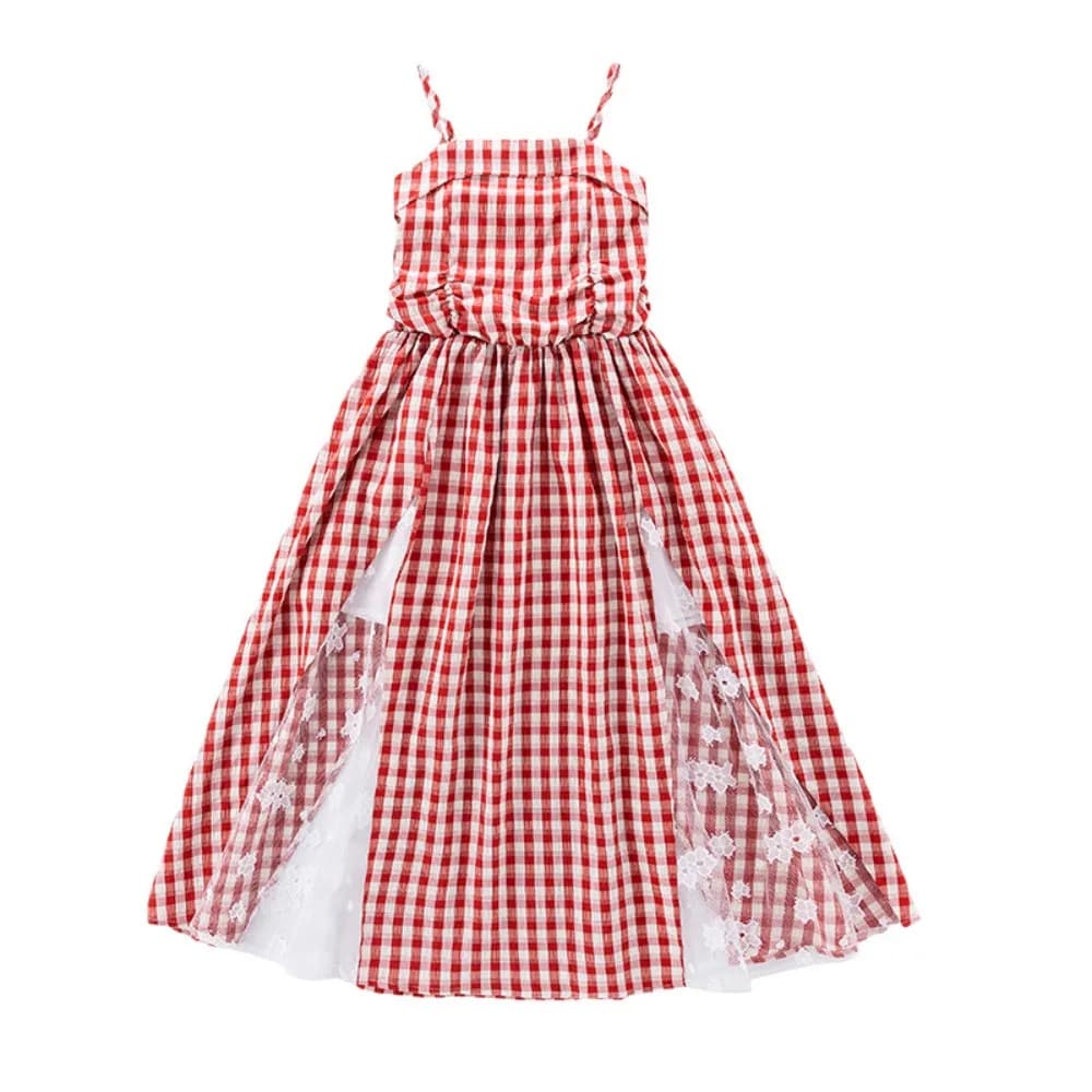 Bretelle Abito scozzese per bambini Senza maniche Principessa per bambini Abito lungo a griglia Rosso Casual Gonna patchwork per ragazze Vacanza al mare