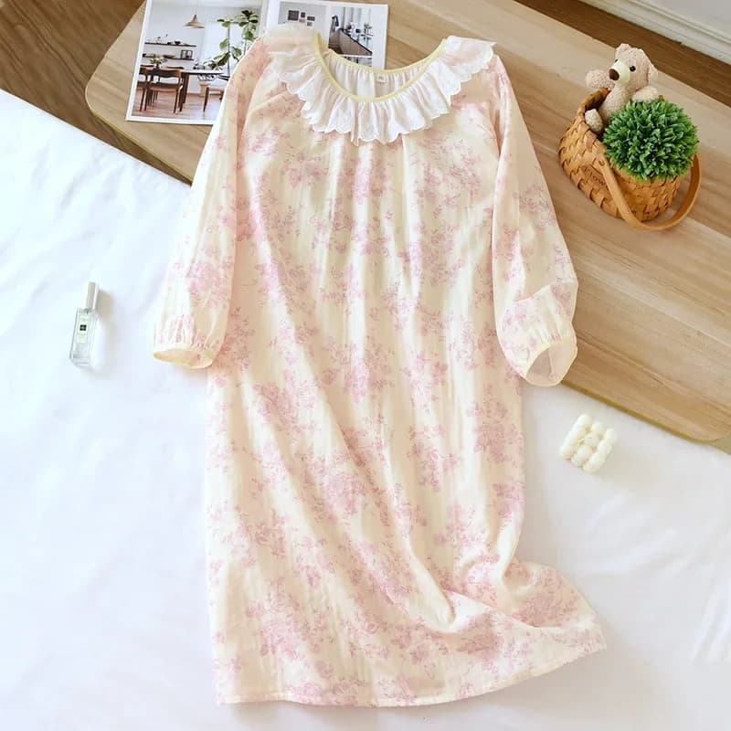 2026 Spring/Summer New Women's Sleeping Skirt 100% Cotton Long Sleeve Skirt Sweet and Cute Medium Length Dress Sleepwear Women