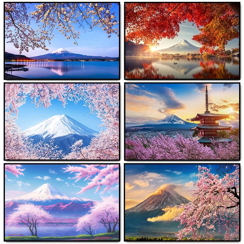 1 pezzo di poster da viaggio giapponese senza cornice con paesaggio del Monte Fuji, stampa su tela con scena di lago Sakura, immagine artistica da parete D