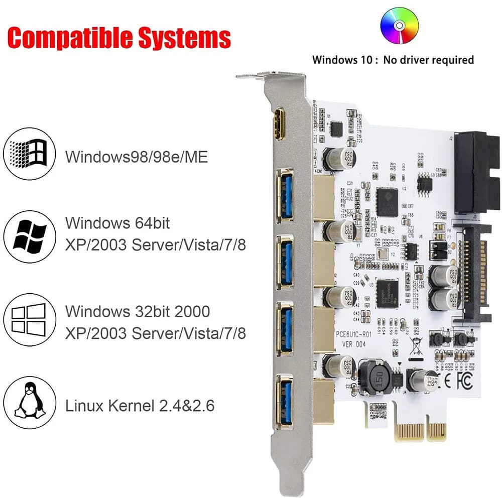 7 Ports High Speed PCI-E to USB 3.0 Type C Expansion Card 5+1 Port USB3.1 Controller Adapter for Desktop PC Internal Hardware