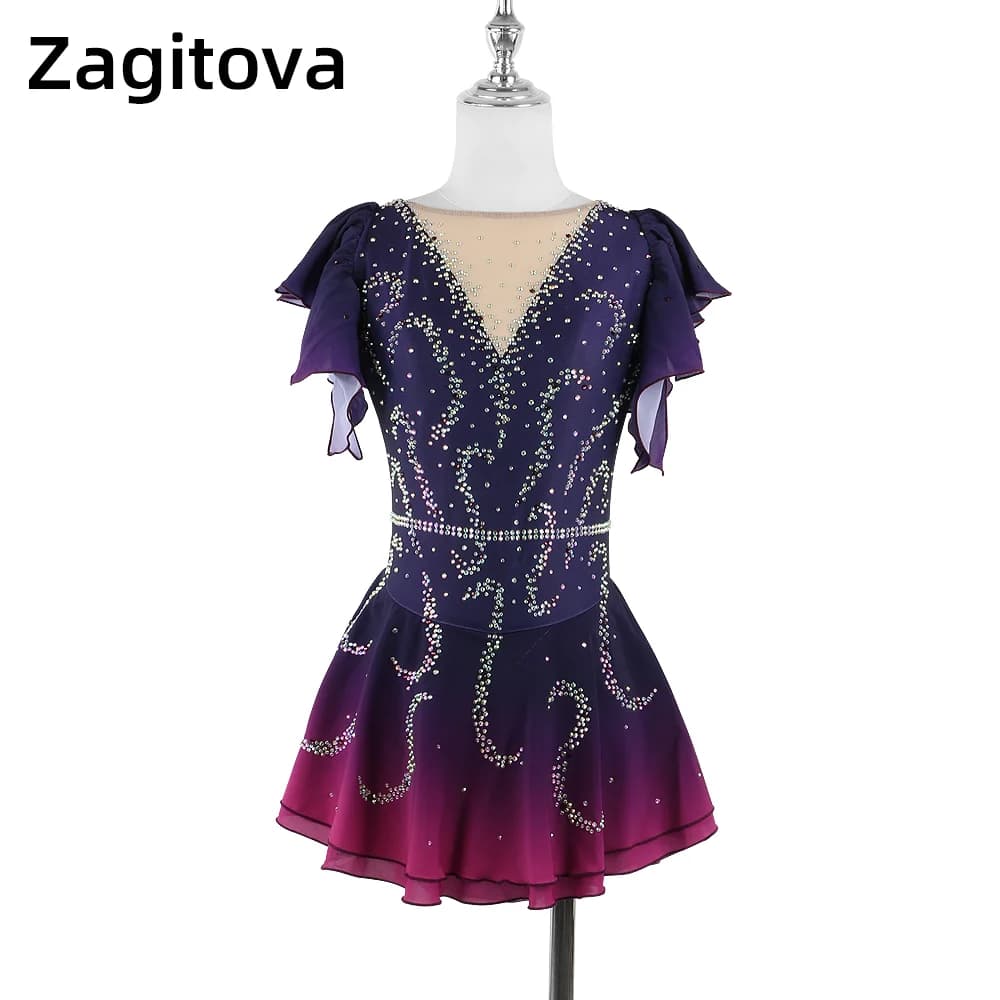 Abito da pattinaggio artistico Zagitova per donna gonna da pattinaggio su ghiaccio manica corta abito da principessa sfumato viola con diamante lucido