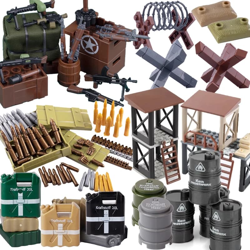 WW2 Militare Tamburo di Olio Serbatoio Carburante Scena di Guerra Soldati SWAT Figure Accessori Sacchi di Sabbia Mattoni Giocattoli Compatibile Regalo Dei Bambini