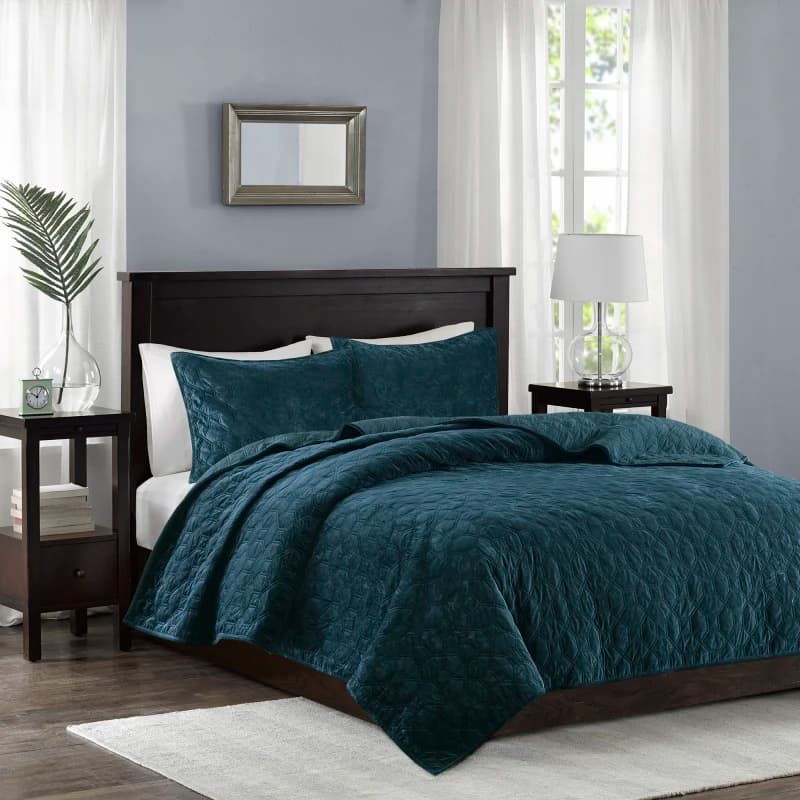 3 Piece Velvet Quilt Set Teal Full/Queen