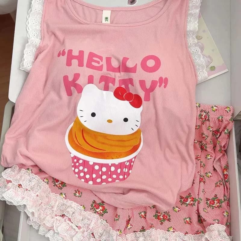 Pigiama estivo da donna Hello Kitty con imbottitura sul petto, grazioso completo casual da casa con gilet senza maniche e pantaloncini, morbido e confortevole
