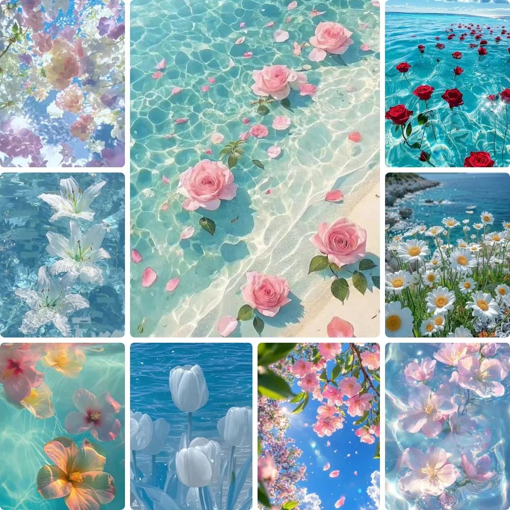 Clear Water Surface Fresh Floral Combination Set Diamond Painting, Living Room Bedroom Wall Decor 5D DIY Handmade Craft Gift