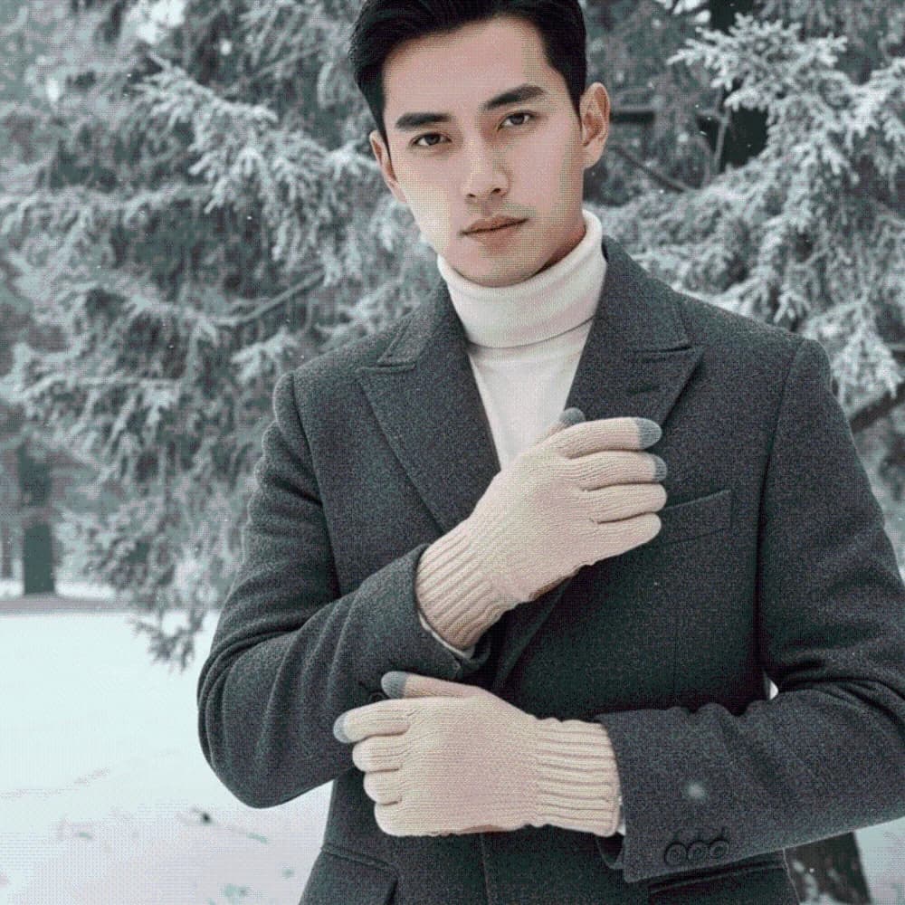 Leather Patch Touchscreen Gloves Solid Color Elastic Cuff Winter Knit Mittens Soft Texture High Quality Woolen Warm Gloves