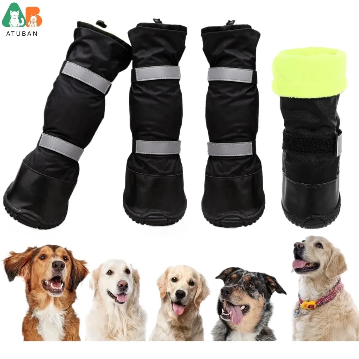 ATUBAN Stivali da pioggia per cani con caldo pile, scarpe per cani di taglia media, impermeabili e antiscivolo con cinghie riflettenti e suola robusta