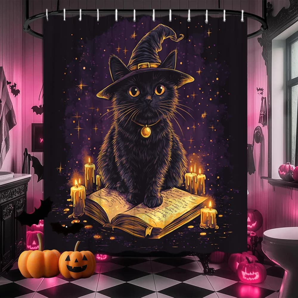 Tenda da doccia extra lunga con gatto mago - Decorazione da bagno di Halloween con gatto nero, cappello da strega, libro di incantesimo, candele