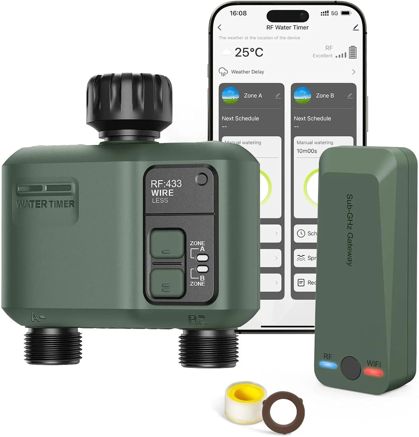Timer Irrigazione Smart WiFi per Tubo da Giardino, Irrigatore a 2 Zone con Controllo APP/Vocale, Ritardo Pioggia, Raggio RF 300m