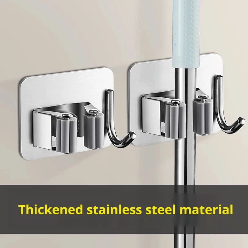 Wall Mounted Stainless Steel Mop Clip Multifunctional No Drill Bathroom Hanging Mop Broom Storage Rack