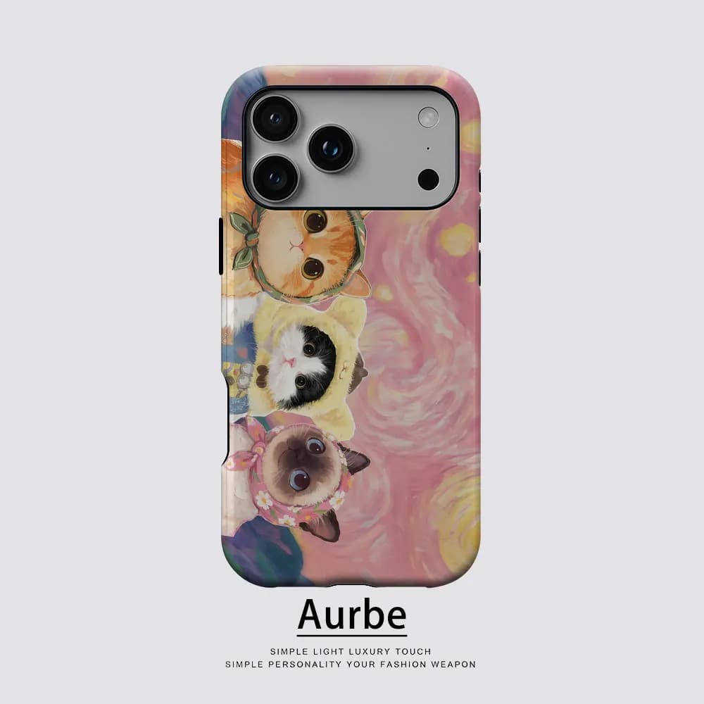 Custodia Aurbe Matte 2-in-1 con Pellicola e Supporto MagSafe per iPhone 17 16 15 14 Plus 17 Pro Max, Antiurto, Rigida, Stile Van Gogh Gatto