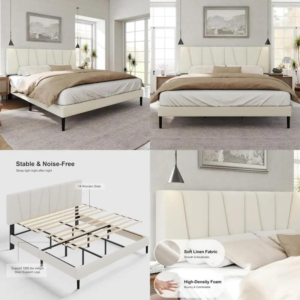 Queen size bed frame with fabric padded headboard, platform bed with wooden slats support, complete mattress base, S box