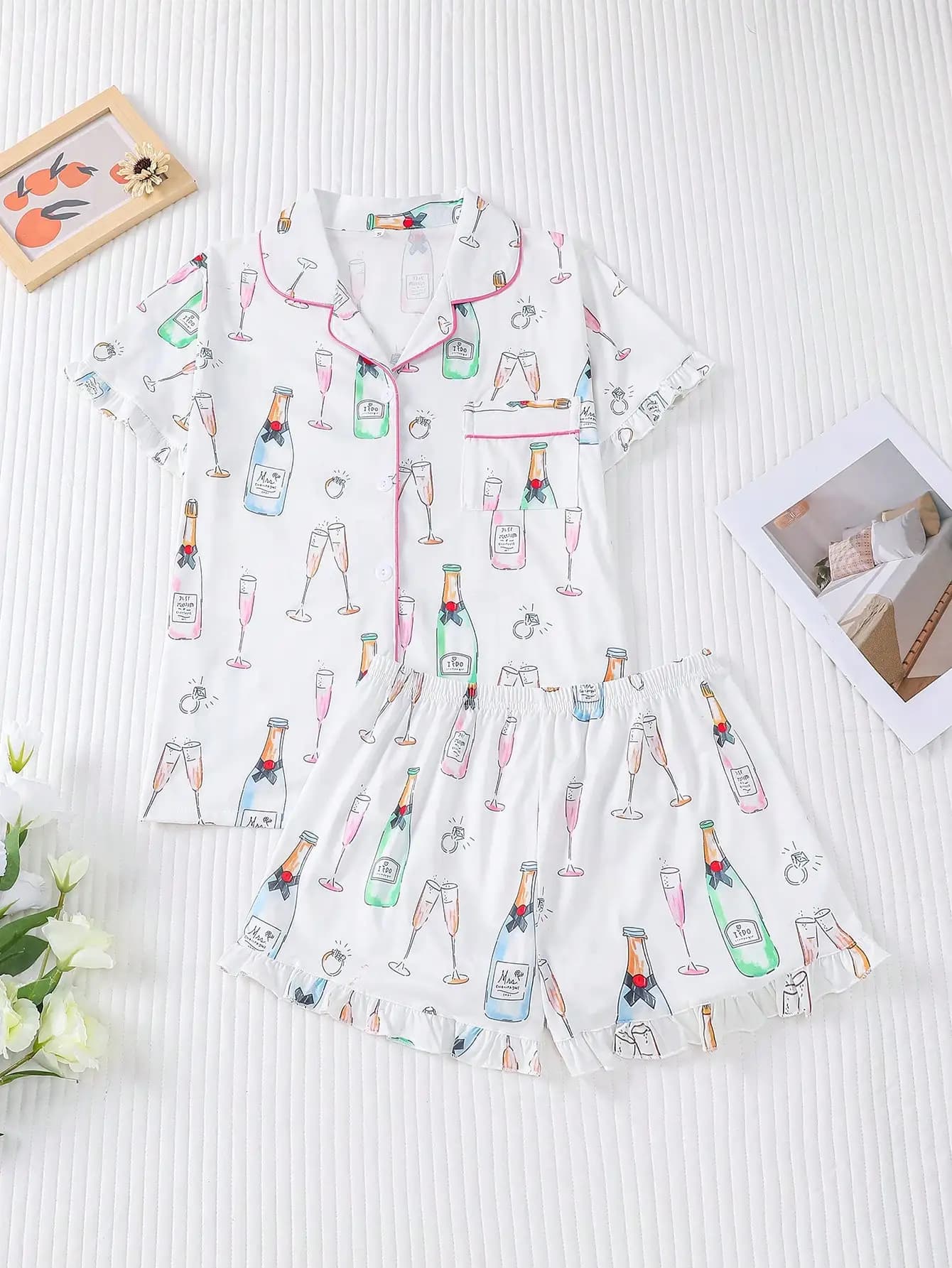Women's Champagne Bottle Print Pajama Set with Ruffle Sleeves & Shorts, Collared Button-Up Top for Home or Lounging