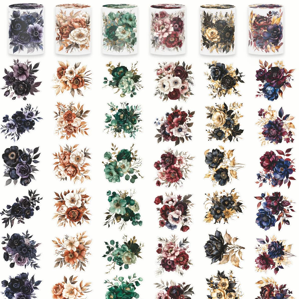 6rolls/set Flower Sticker Pre-cut PET Tape Stickers Flowers Scrapbooking Junk Journal Collage Stickers Arts DIY Crafts Planners