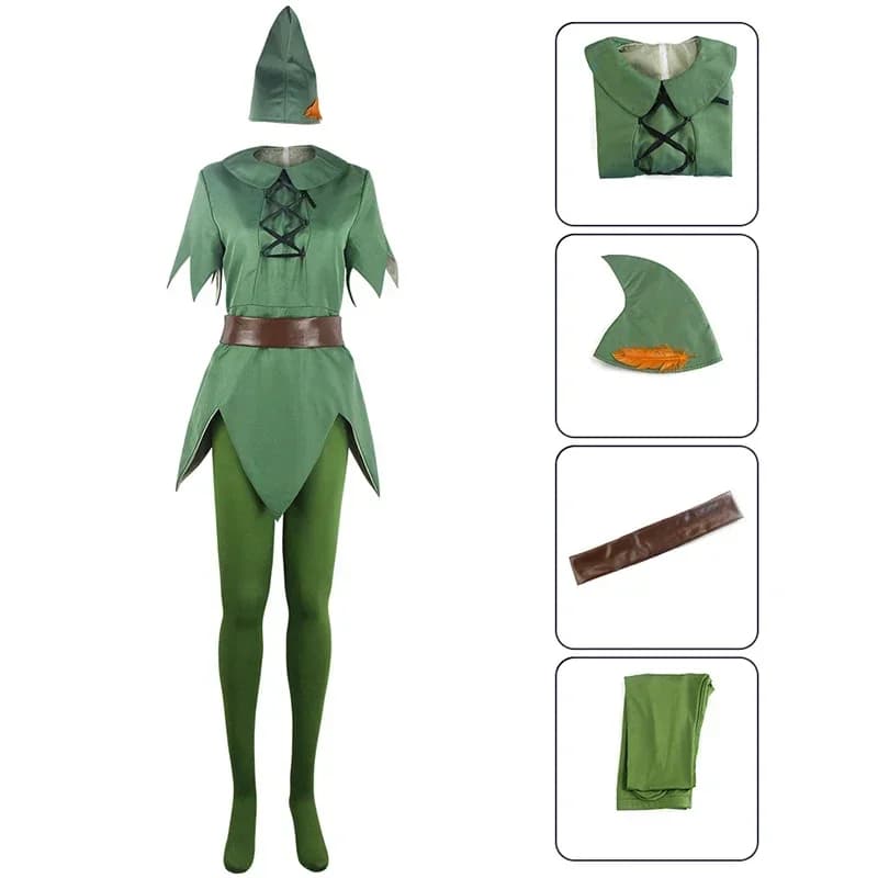Peter Pan Costume da gioco di ruolo Film Peter Pan Set di stoffa da elfo verde Cappello Uniforme Carnevale di Halloween Vestire vestiti