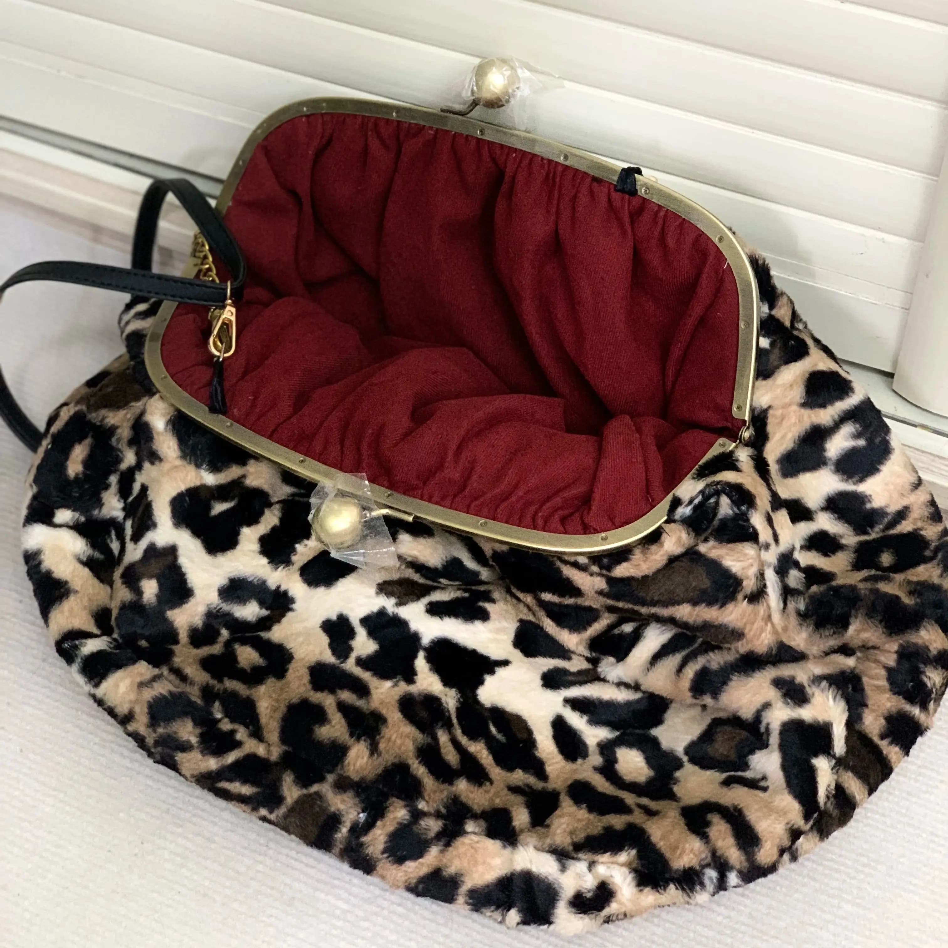 LOST IN VINTAGE Fur Leopard Print Animals Fabric Soft Smooth Owl Bag Balls Bronze Kiss-lock Large Purse Clutch Large 43x40x13cm