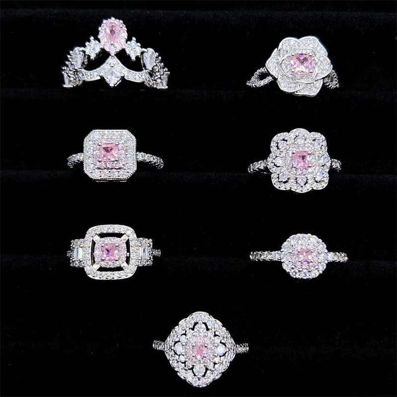 925 Silver Ring with precious stones Pink Small Fresh Fresh Ring Cute Crown Flower rings for women light and adjustable luxury wedding jewelry