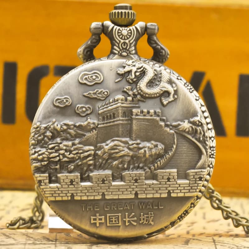 Vintage Bronzo Steampunk Grande Muraglia della Cina Orologio da tasca al quarzo Collana con ciondolo Orologio Catena Uomo Donna Collezione di catene Regalo