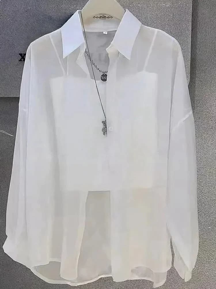 Plus Size Women's Summer 2025 Ice Silk Blouses Breathable Sun-Proof Button Down Loose Sheer Chiffon Long Sleeve Shirts