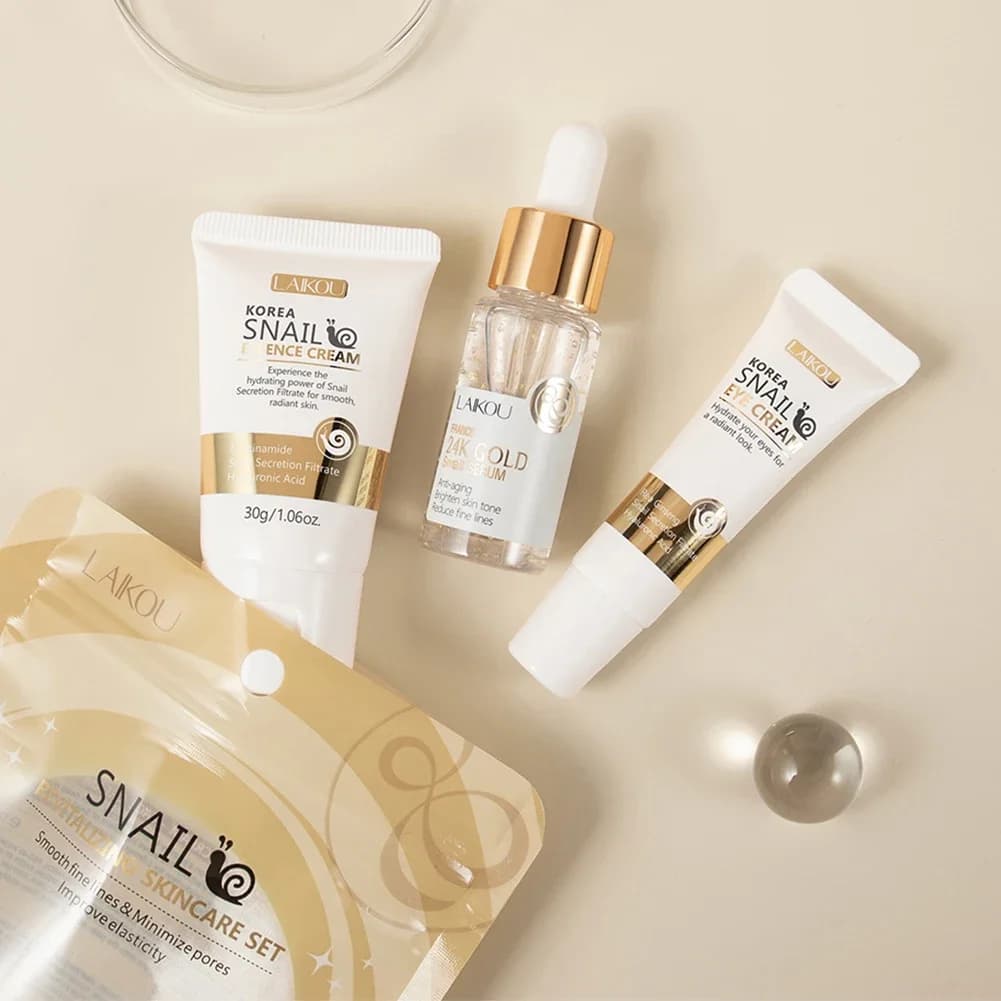 Set di 3 Prodotti per la Cura del Viso alla Bava di Lumaca: Crema Viso al Collagene, Siero Viso all'Oro 24k, Crema Contorno Occhi