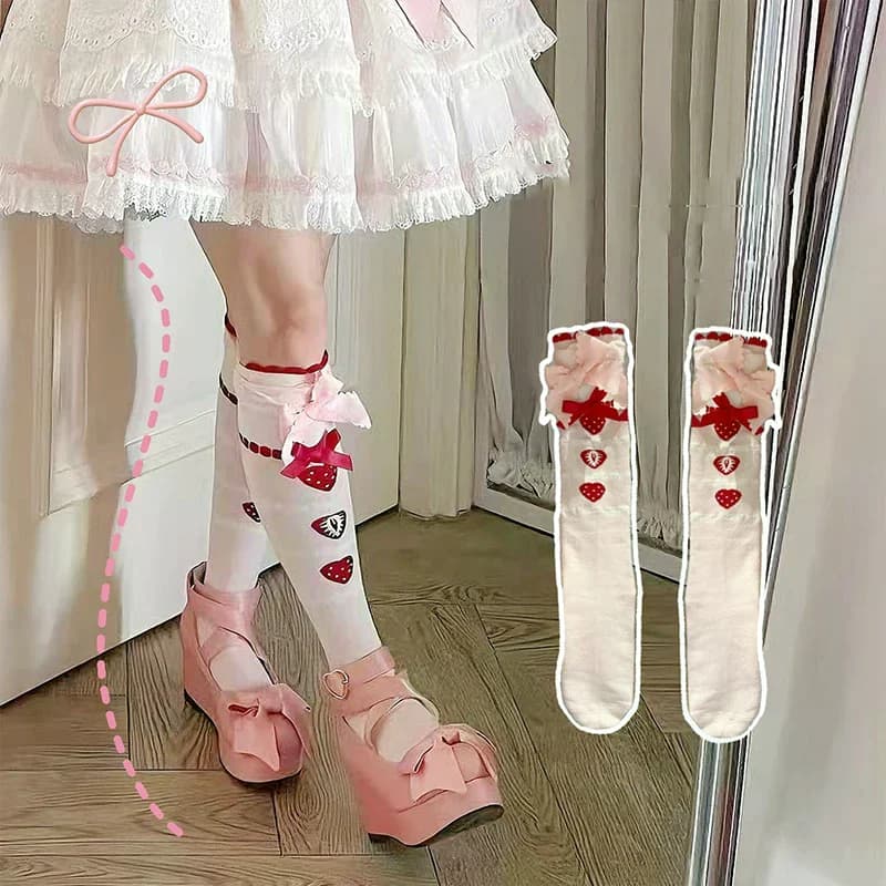 Lolita Socks Cute Strawberry Wall Socks Sweet Girl Pink Bow Mid-Tube Socks