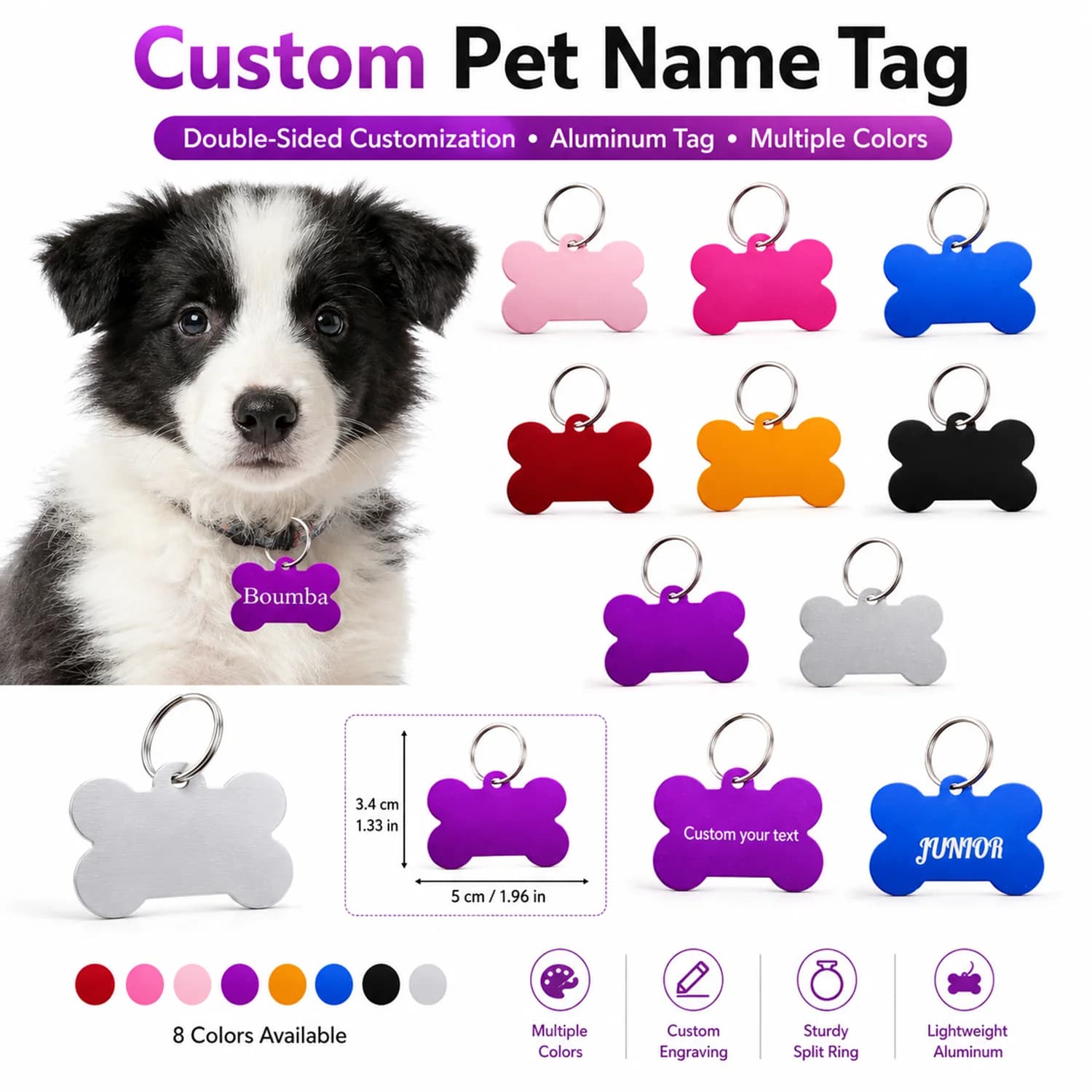 Targhetta per Cani a Forma di Osso Personalizzata con Nome, Targhetta ID per Animali Domestici con Incisione Laser, Numero Anti-smarrimento, Ciondolo Personalizzabile con Testo, Targhette per Cani