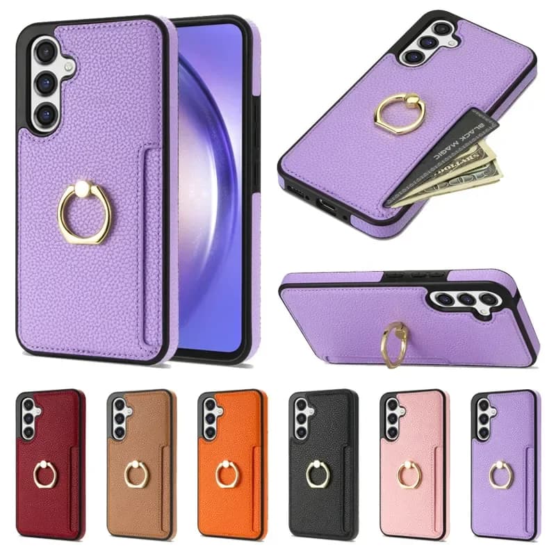 Wallet ring bracket with adjustable and swivel leather case for Samsung Galaxy S25 Ultra S24 Plus S23 S22 S21 S20 FE A53 A54