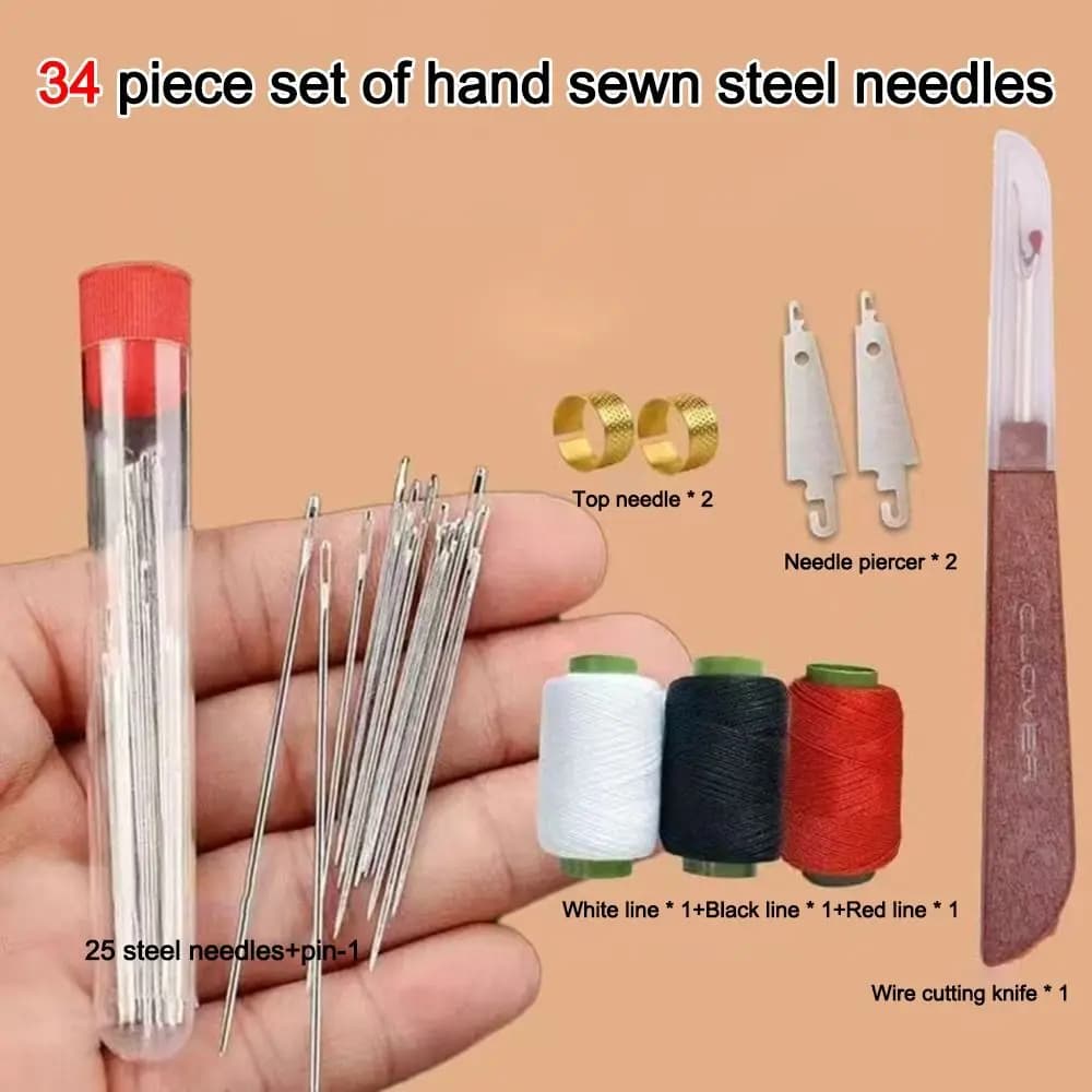 34Pcs/Set Stainless Steel Sewing Kit with Top Needle Easy Sewing Large Nose Steel Needle Quilt Sewing Needle
