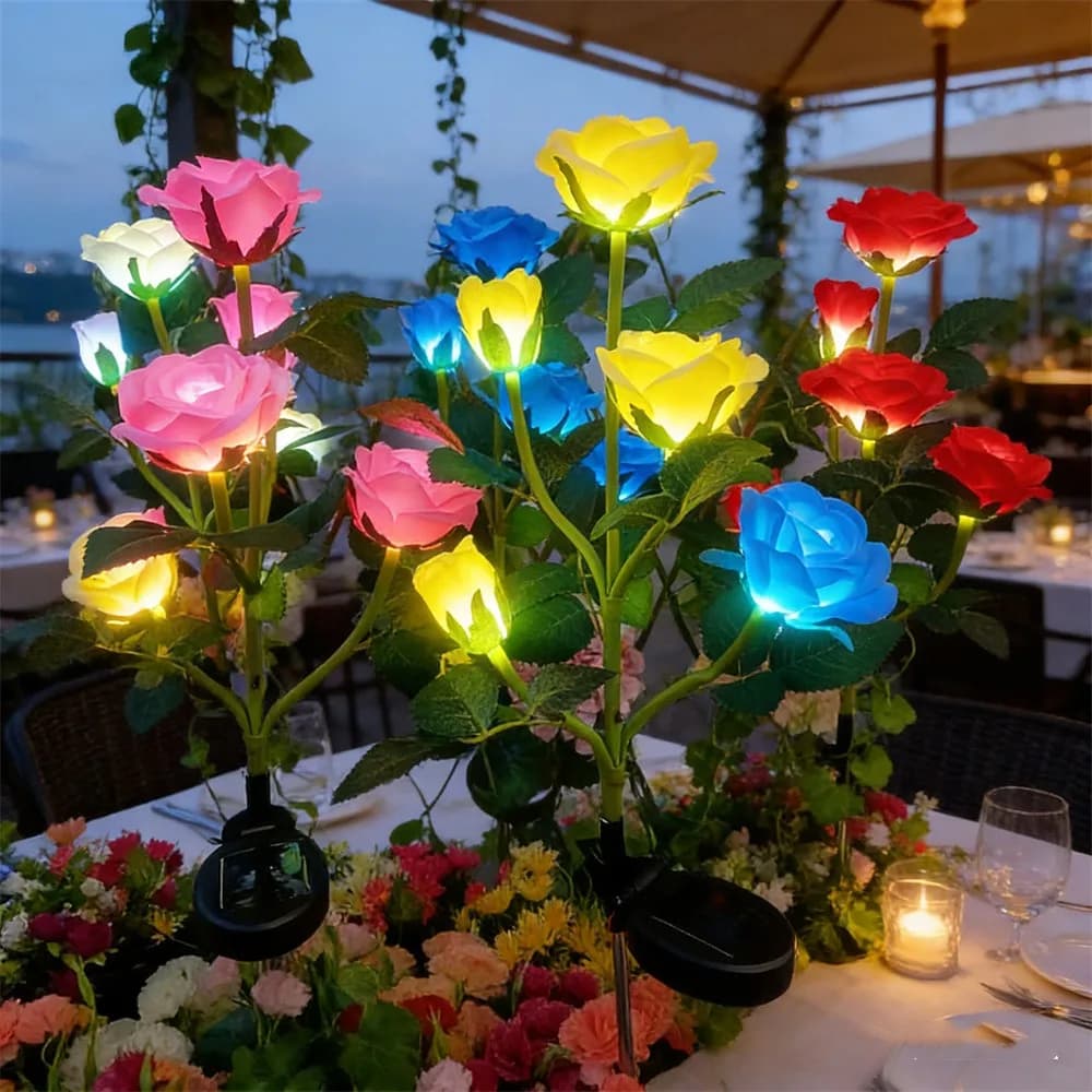 Artificial 5 Head Rose Flower Outdoor Holiday Garden Solar Lawn Lamp LED Ground Light Summer Wedding Party Yard Patio Decoration