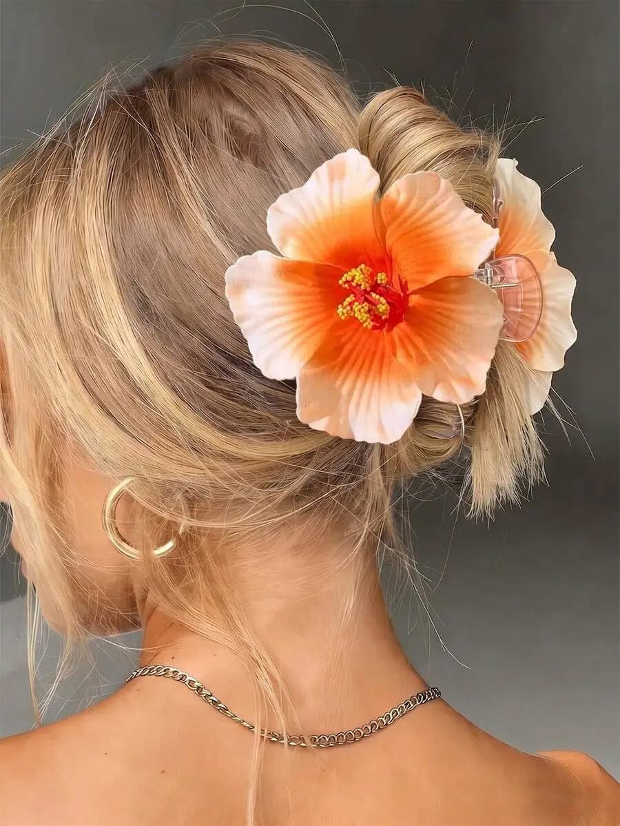 White Flower Hair Clip, Hawaiian Hibiscus Floral Claw Clip, Non-Slip Strong Grip Hair Accessory For Women, Suitable For Fine