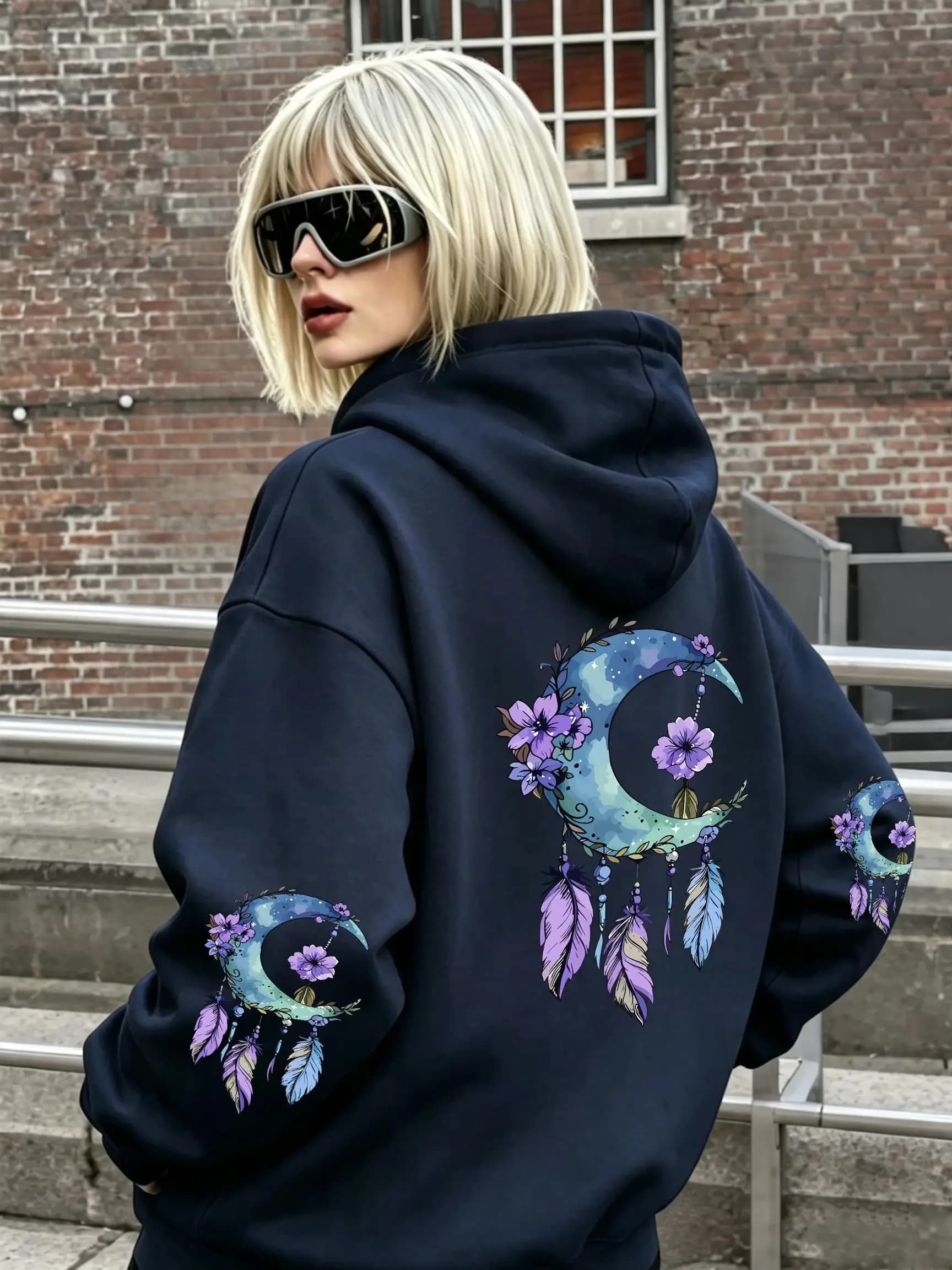 Moon Dreamcatcher Purple Floral Feathers Print Women'S Hoodie Jogging Fleece Pullover Y2K Autumn Hoody Casual Pocket Streetwear