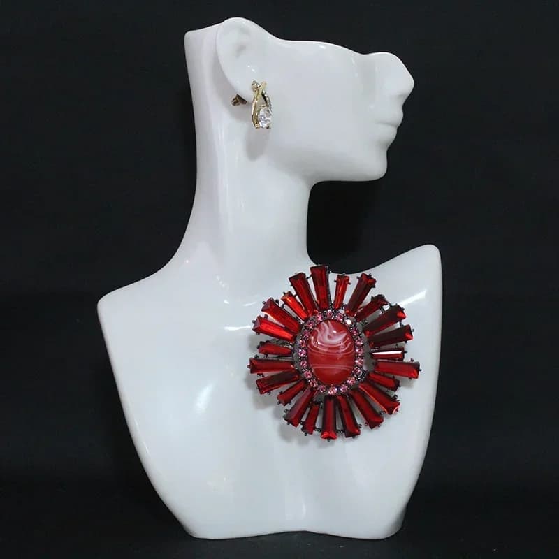 Unisex Vintage Red Crystal Sunburst Brooch, Black Rhinestone & Red Agate Lapel Pin, Jewelry for Coat Scarf, Wedding & Daily Wear