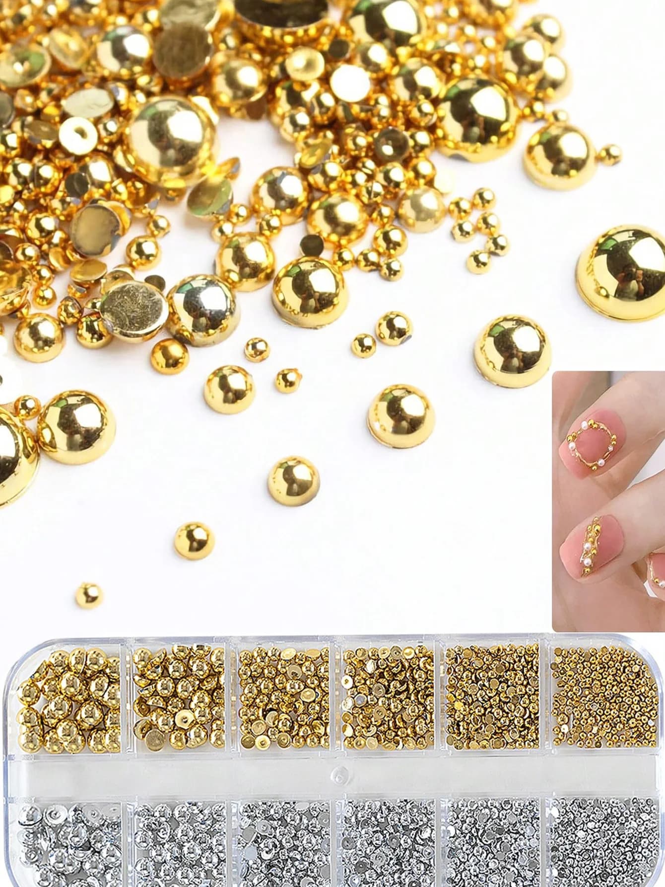 Set of 12 Grids of Silver and Gold Semi-Spherical Pearls, Metallic Nail Charms, Beads Various Sizes, Nail Art Decoration Accessories