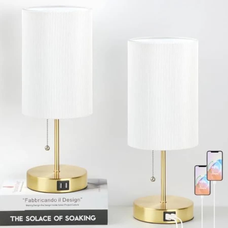 2 Set di Lampade da Tavolo con 2 USB, Lampade Minimaliste da Comodino per Camera da Letto, Lampade da Scrivania con Catena a Strappo e Paralume Bianco Plissettato