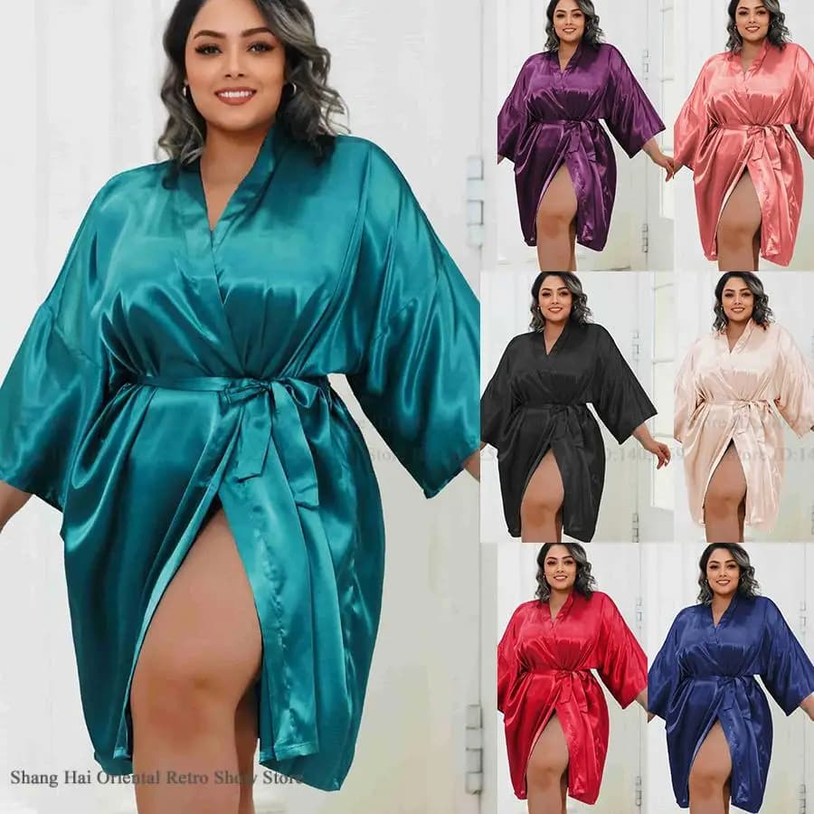 Plus Size Women's Dress Half Sleeve Bathrobe Kimono Dress Spring Summer New Nightwear Casual Dress Sitting Dress Ice Silk