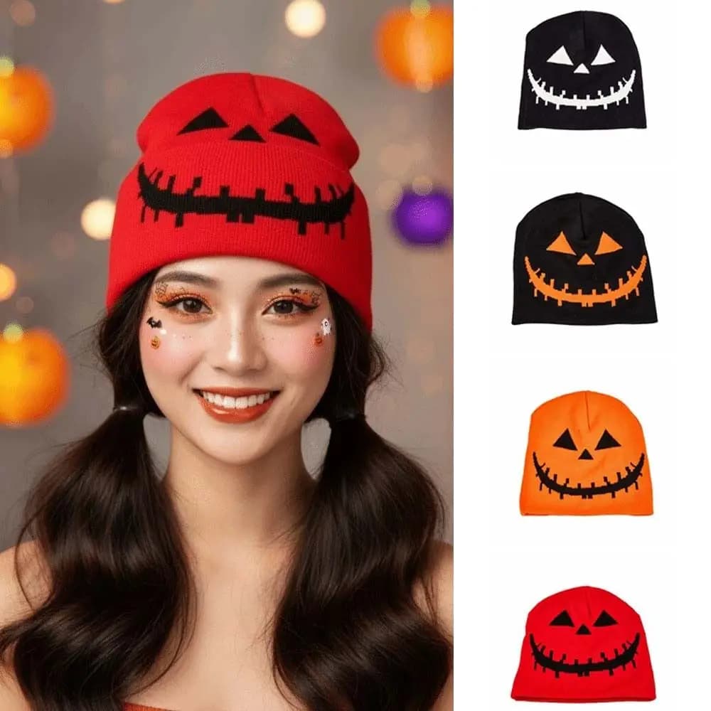 Knitted Fabric Pumpkin Beanie Hat Soft Texture Warm Halloween Knitted Cap Cuffed Brim Lightweight Hip Hop Skullcap Cosplay Party