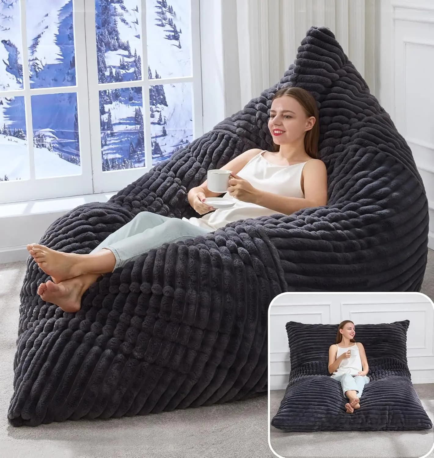 3 in 1 Dark Grey Giant Convertible Bean Bag Floor Cushion Machine Washable Cover Multi-use Boneless Chair for Adults Bedroom Living Room