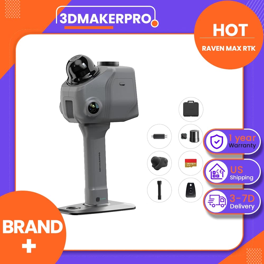 3DMakerpro Raven LiDAR Scanner, Single 12MP Camera, 100m Scan Range, 150,000 Points/s, 360°×40° FOV, 4K True-Color Capture, 32GB Storage, 12000mAh Battery, Wi-Fi 5, USB-C PD 65W