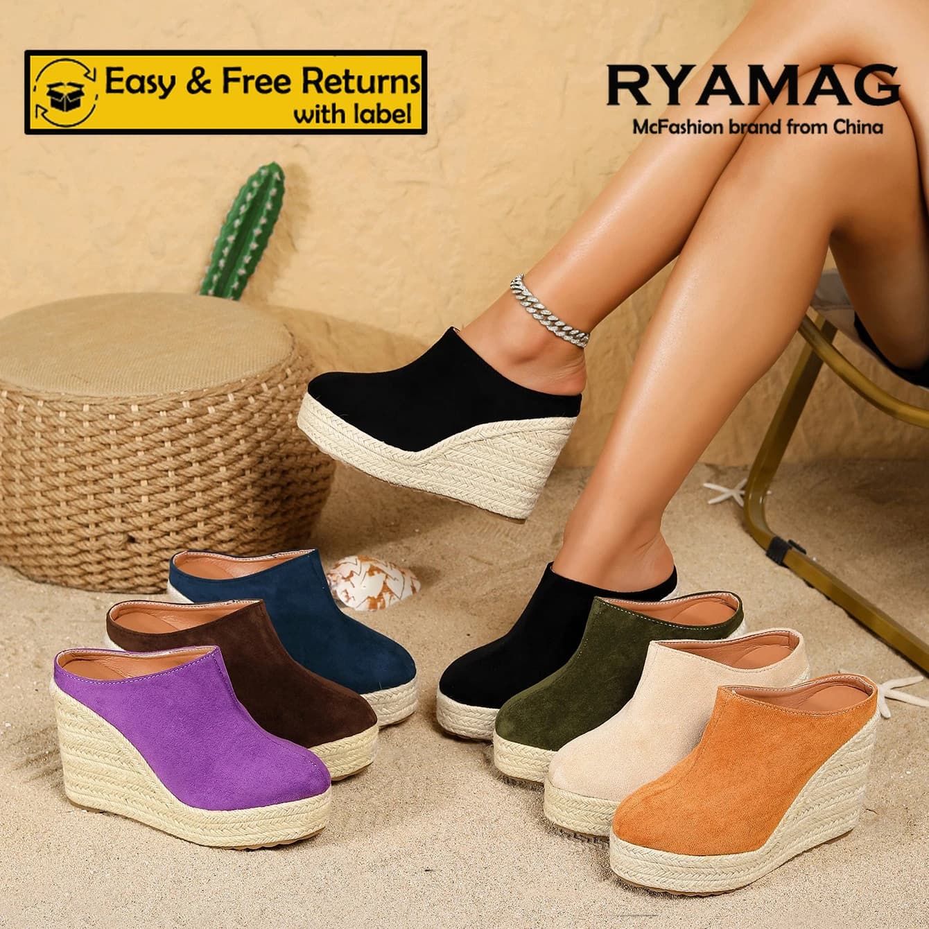 RYAMAG Comfortable Wedge Mules for Women Espadrille Sandals Platform Closed Toe Shoes Daily Wear Fashion Slides